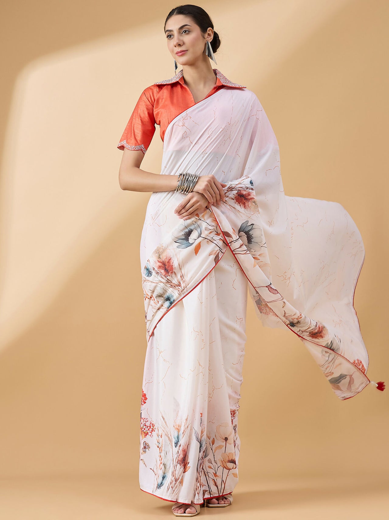White Chiffon Floral Printed Saree with Stitched Blouse - Dharavi - Distacart