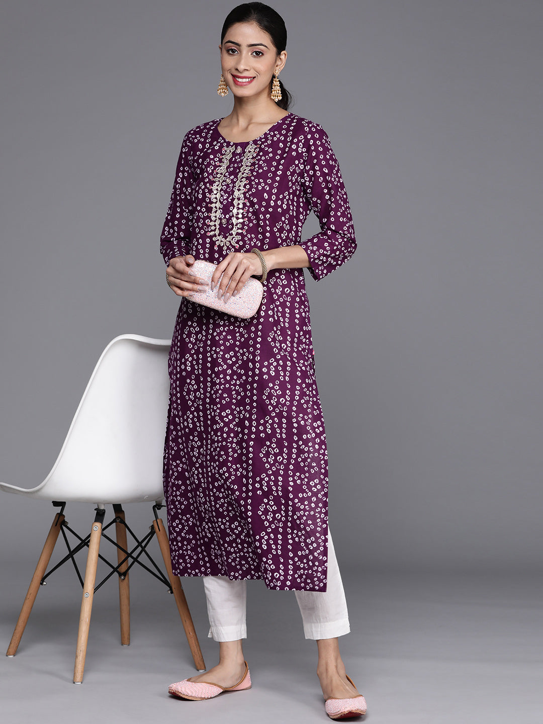 Varanga Women Purple & White Bandhani Printed Pure Cotton Kurta