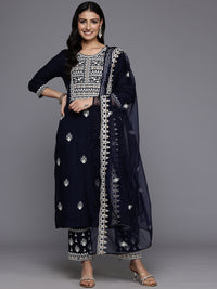 Thumbnail for Varanga Women Navy Blue Round Neck Thread Embroidered Kurta Paired With Bottom And Dupatta