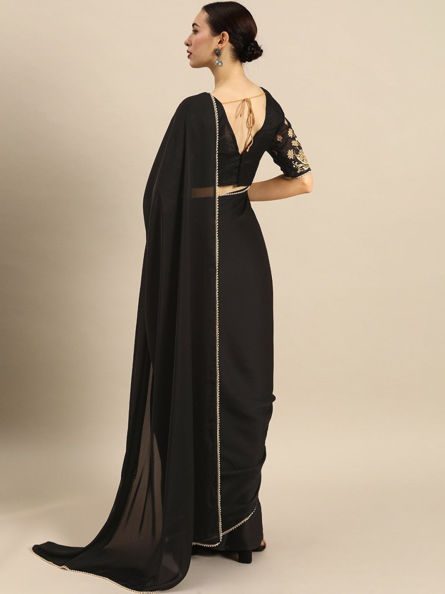 Anouk Black Solid Satin Pearl Border Saree - Distacart