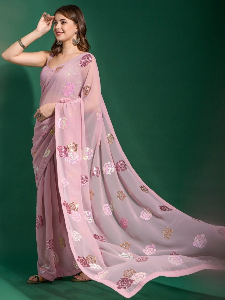 Anouk Mauve & Gold-Toned Embellished Sequinned Pure Georgette Saree - Distacart