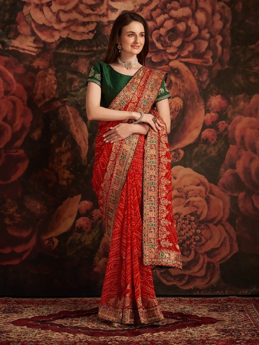 Anouk Red & Green Printed & Embroidered Pure Georgette Bandhani Saree - Distacart