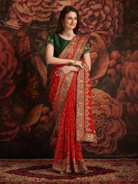 Thumbnail for Anouk Red & Green Printed & Embroidered Pure Georgette Bandhani Saree - Distacart