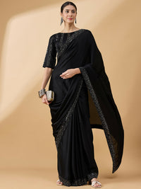 Thumbnail for Black Satin Solid Sequence Work Saree with Stitched Blouse - Dharavi - Distacart