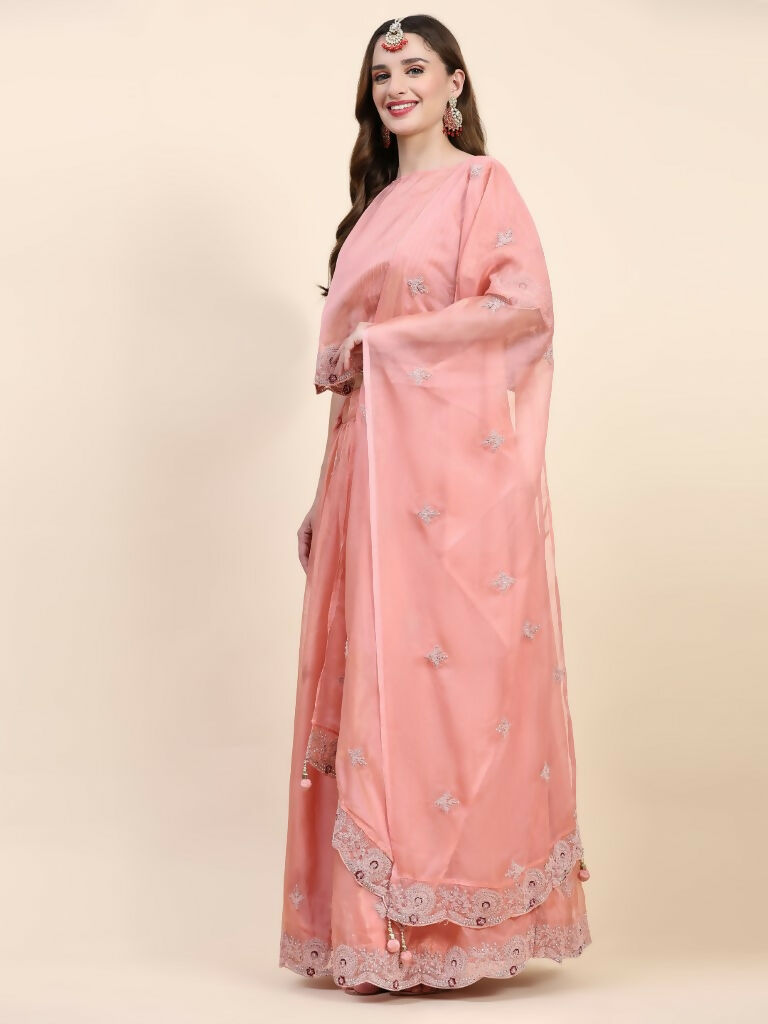 Peach Silk Embroidered Poncho Pattern Top & Lehenga with Dupatta - Tanya - Distacart