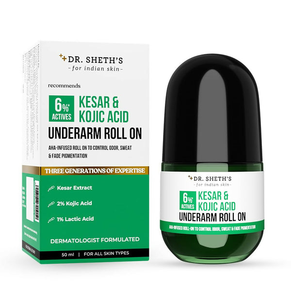 Dr. Sheth's Kesar & Kojic Acid Underarm Roll-on 6% Actives -AHA, Kojic Acid & Niacinamide, Controls Body Odor, Sweat & Fade Pigmentation