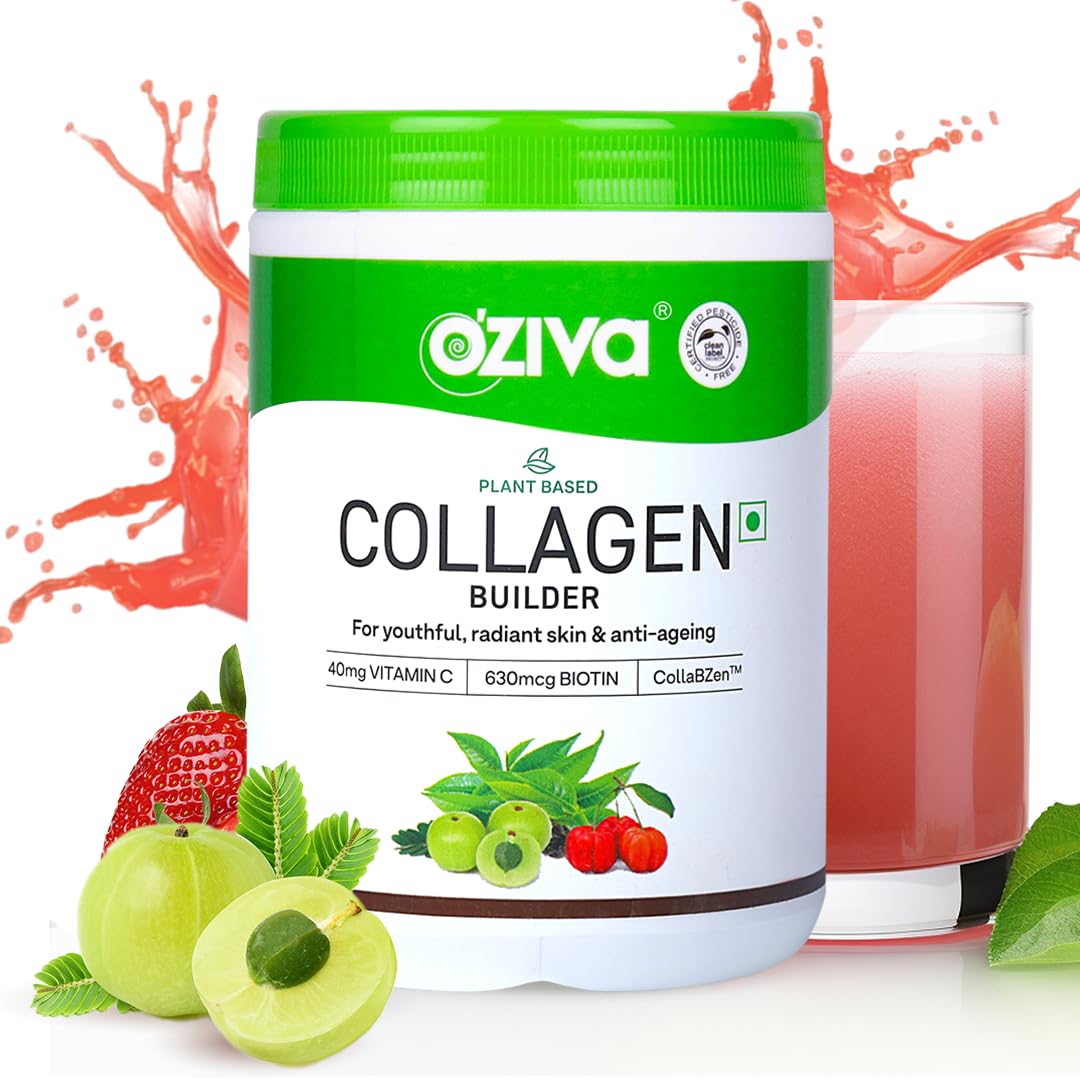 OZiva Vegan Collagen Builder with Biotin & Vitamin C For Brighter & Youthful Skin | Collagen Supplement For Women & Men | Plant Based Collagen Powder