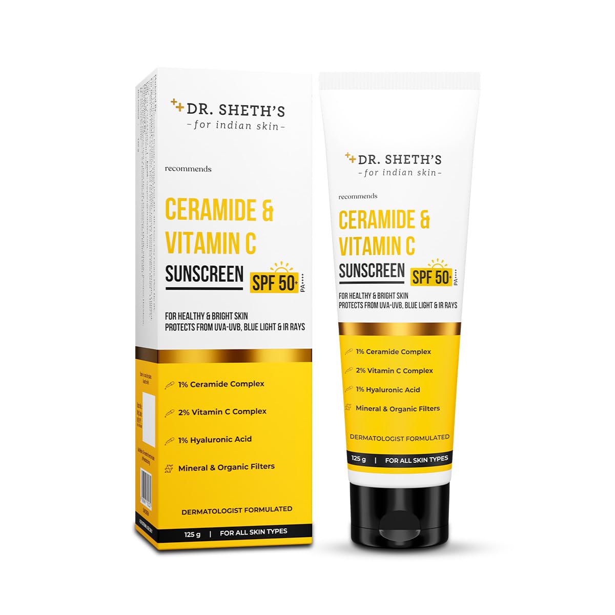 Dr. Sheth's Ceramide & Vitamin C Sunscreen SPF 50+ PA+++ UVA UVB Sun Protection, For All Skin Types