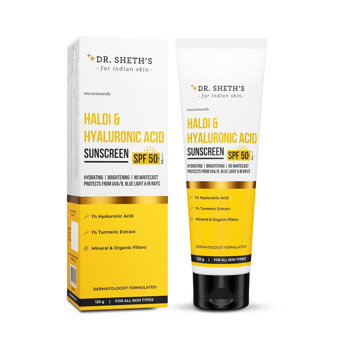 Dr. Sheth's Haldi & Hyaluronic Acid Sunscreen SPF 50+ PA+++ For Hydrating & Brightening Skin, Protects against UVA/UVB & Blue light