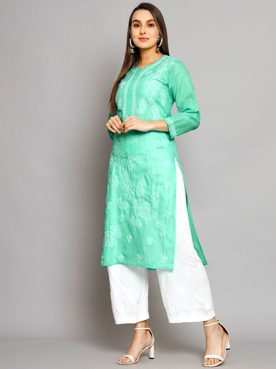 PARAMOUNT CHIKAN Women Sea Green Ethnic Motifs Embroidered Chikankari Kurta - Distacart