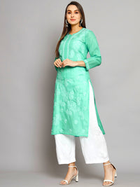 Thumbnail for PARAMOUNT CHIKAN Women Sea Green Ethnic Motifs Embroidered Chikankari Kurta - Distacart