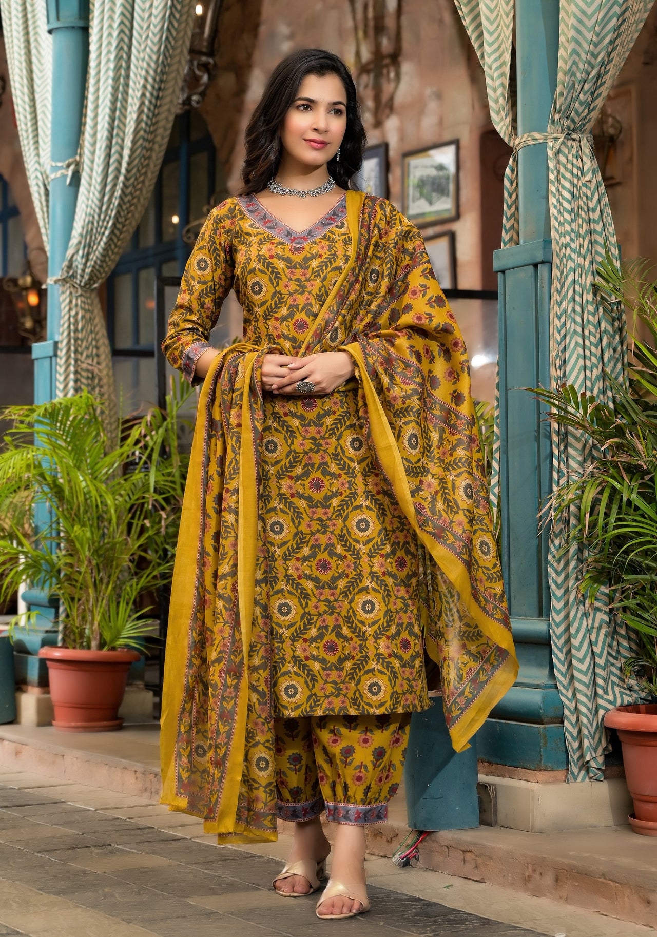 Indian Fashion Women Yellow Embroidery Viscose Rayon Kurta, Pant And Dupatta Set