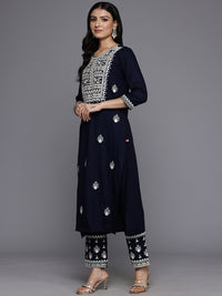 Thumbnail for Varanga Women Navy Blue Round Neck Thread Embroidered Kurta Paired With Bottom And Dupatta