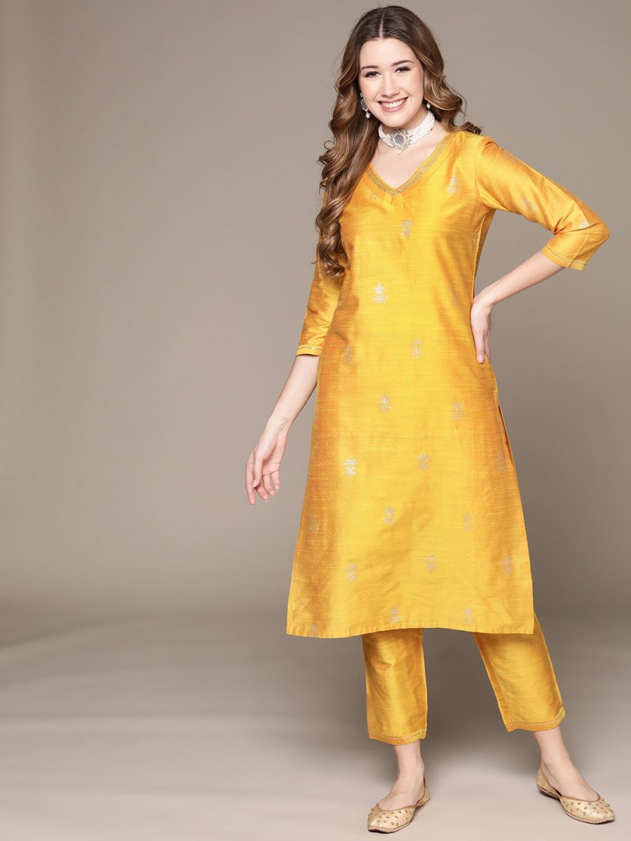 Anubhutee Women Yellow Ethnic Motifs Printed Sequinned Kurta with Trousers - Distacart