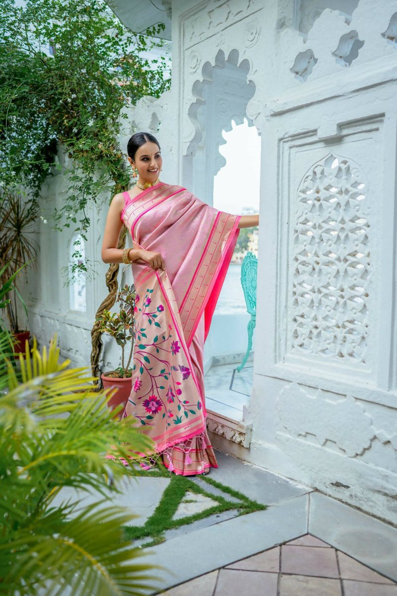 Aastha Fashion Baby Pink Woven Kanjivaram Silk Saree with Blouse - Distacart