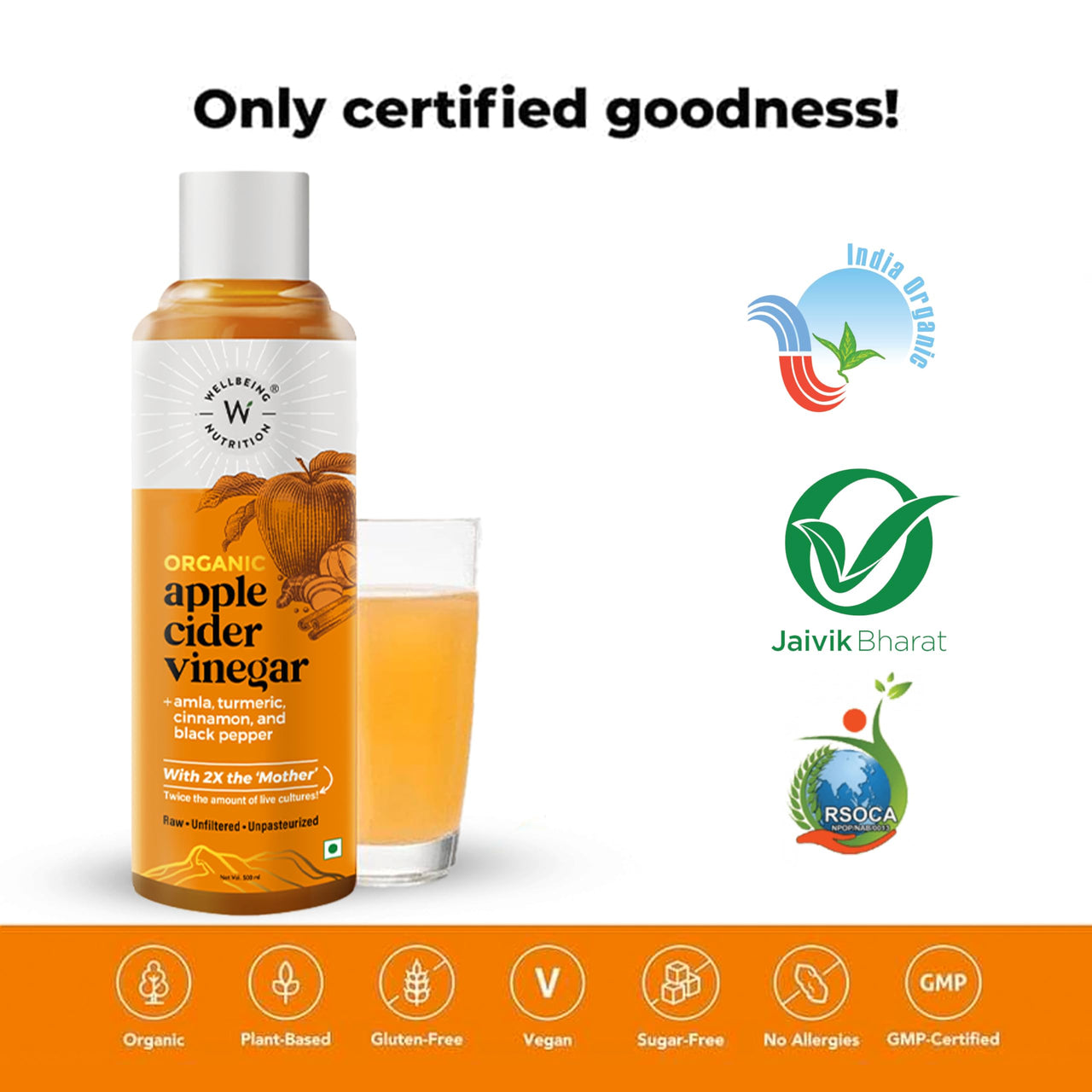 Wellbeing Nutrition Organic Apple Cider Vinegar with 2X Mother - Amla, Turmeric, Cinnamon, and Black Pepper