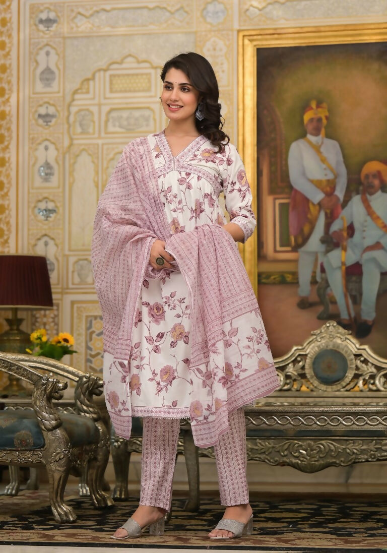 Partywear Designer Lavender Cotton Stitched Suit With Dupatta - Tanisha - Distacart