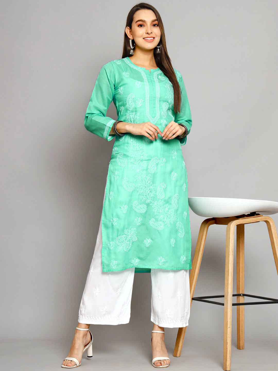 PARAMOUNT CHIKAN Women Sea Green Ethnic Motifs Embroidered Chikankari Kurta - Distacart