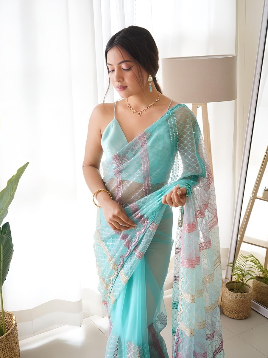 Anouk Striped Sequinned Net Saree - Distacart