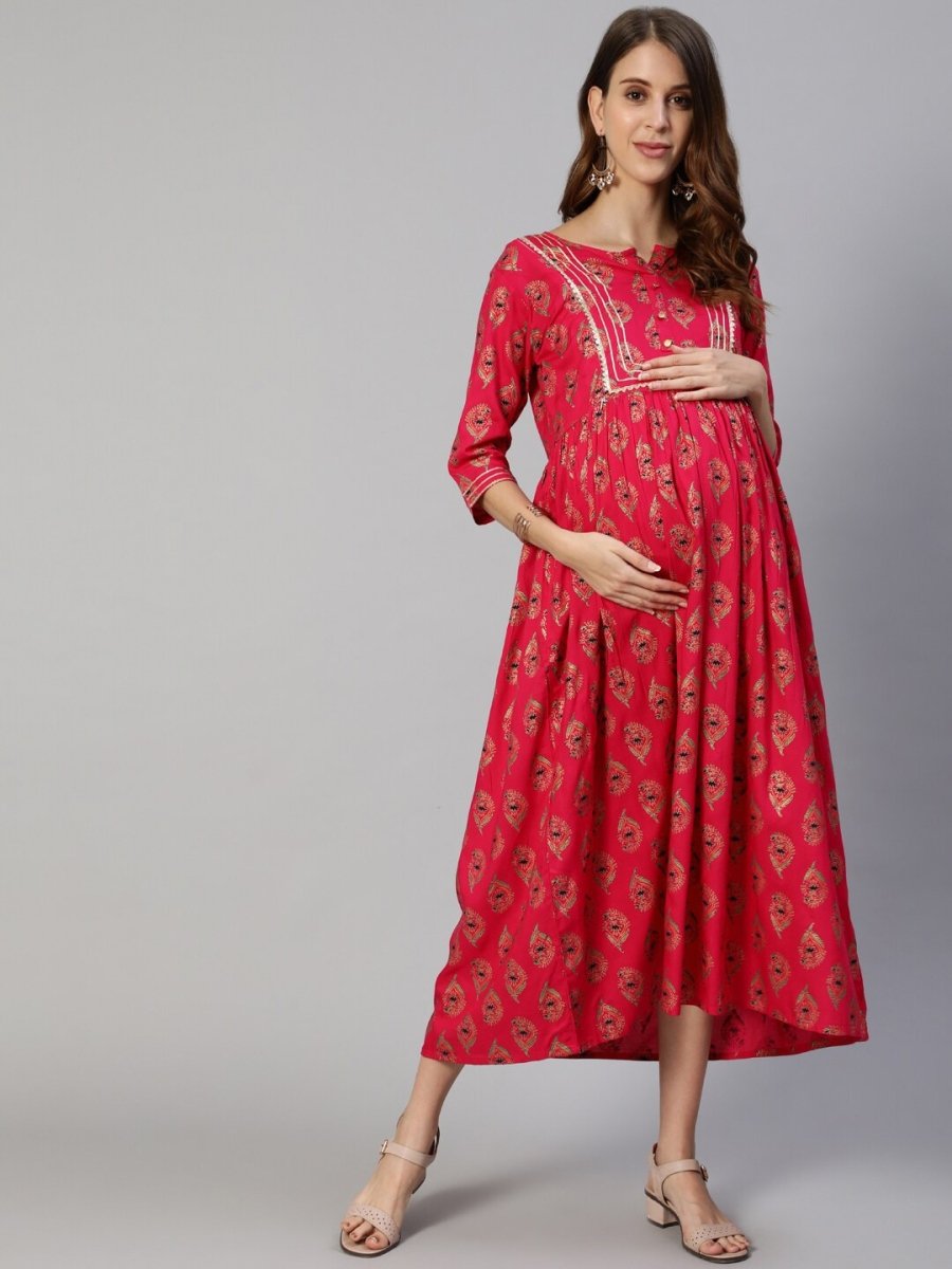 Anubhutee Fuchsia Pink Ethnic Motifs Maternity A-Line Midi Dress - Distacart