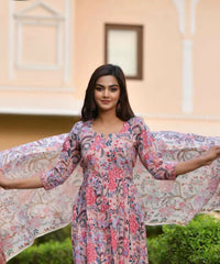 Thumbnail for Indian Fashion Women Pink Printed Viscose Rayon Kurta And Pant Set - Distacart