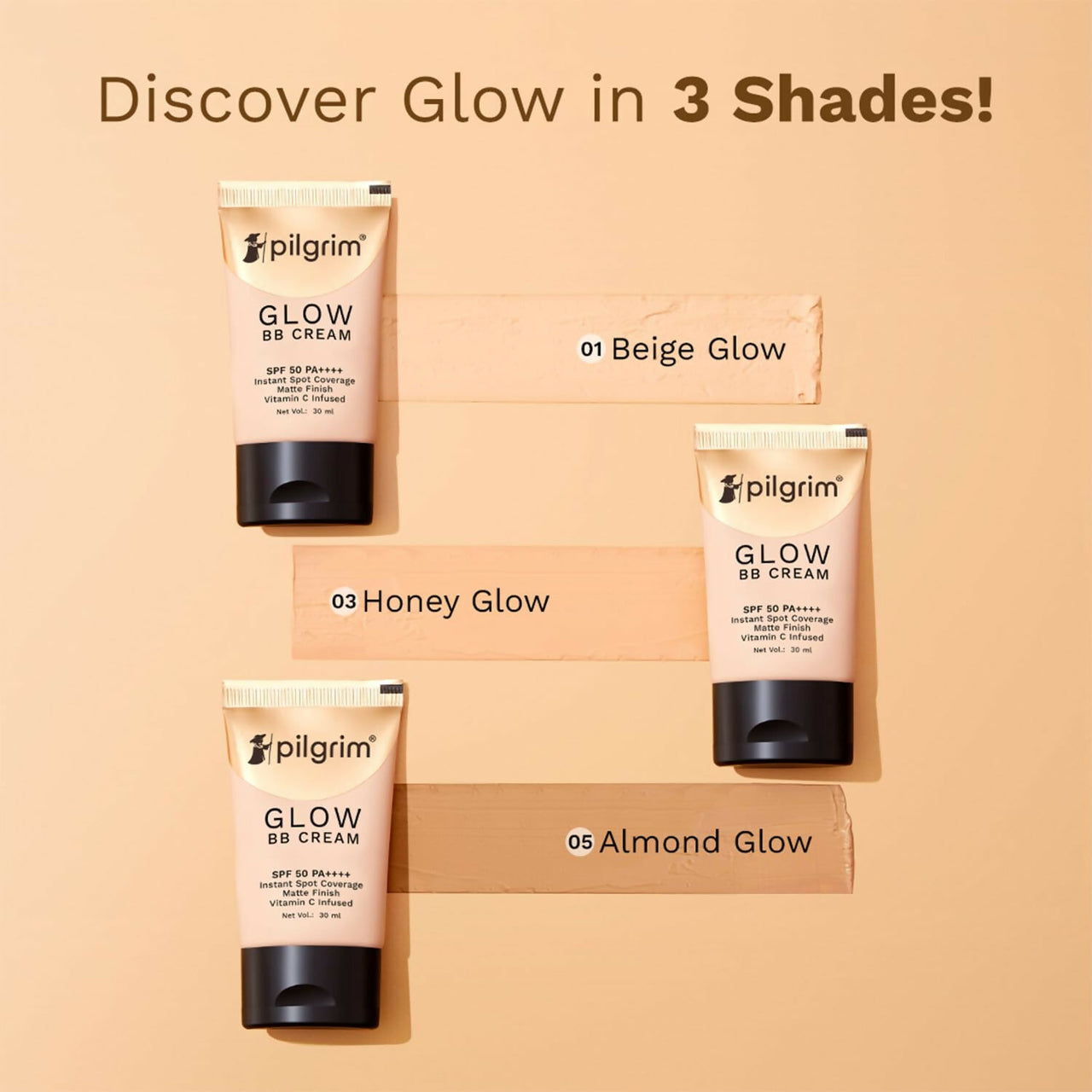 Pilgrim Glow BB Cream SPF 50 PA++++ Instant Spot Coverage Matte Finish Vitamin C Infused - Beige Glow - Distacart