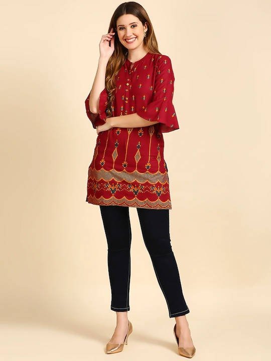 Anubhutee Maroon & Golden Printed Straight Kurti - Distacart