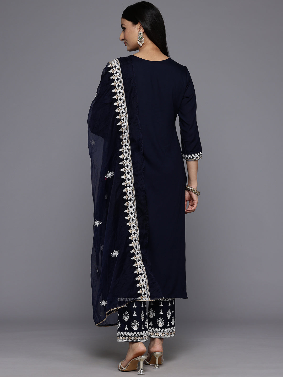 Varanga Women Navy Blue Round Neck Thread Embroidered Kurta Paired With Bottom And Dupatta