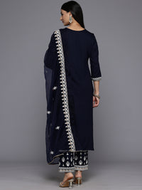 Thumbnail for Varanga Women Navy Blue Round Neck Thread Embroidered Kurta Paired With Bottom And Dupatta