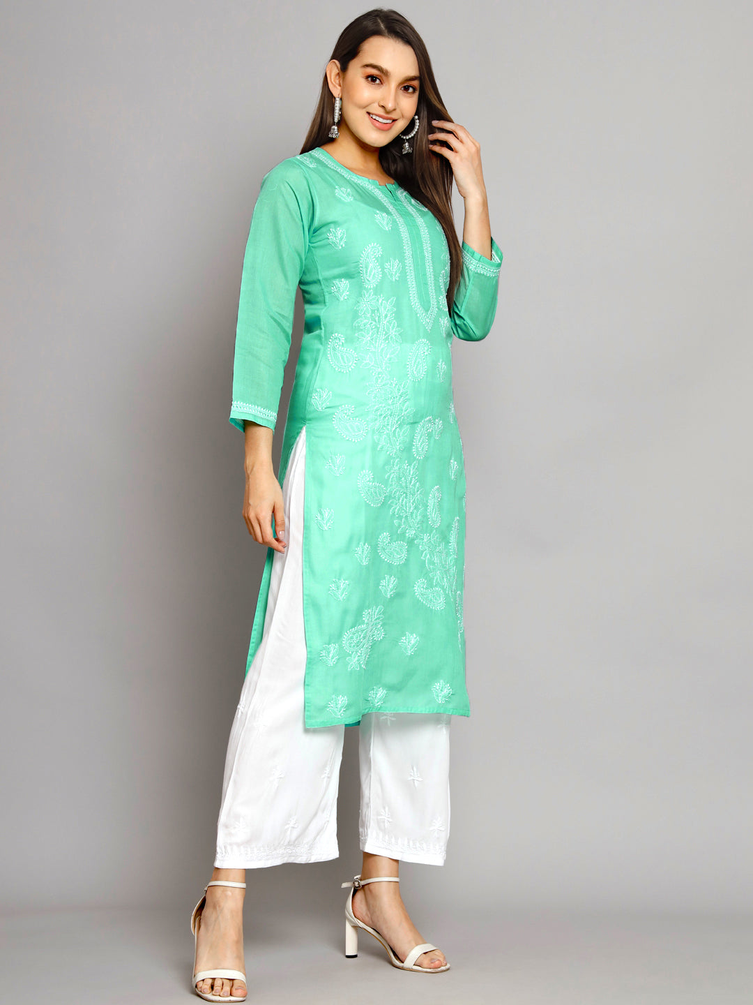 PARAMOUNT CHIKAN Women Sea Green Ethnic Motifs Embroidered Chikankari Kurta - Distacart