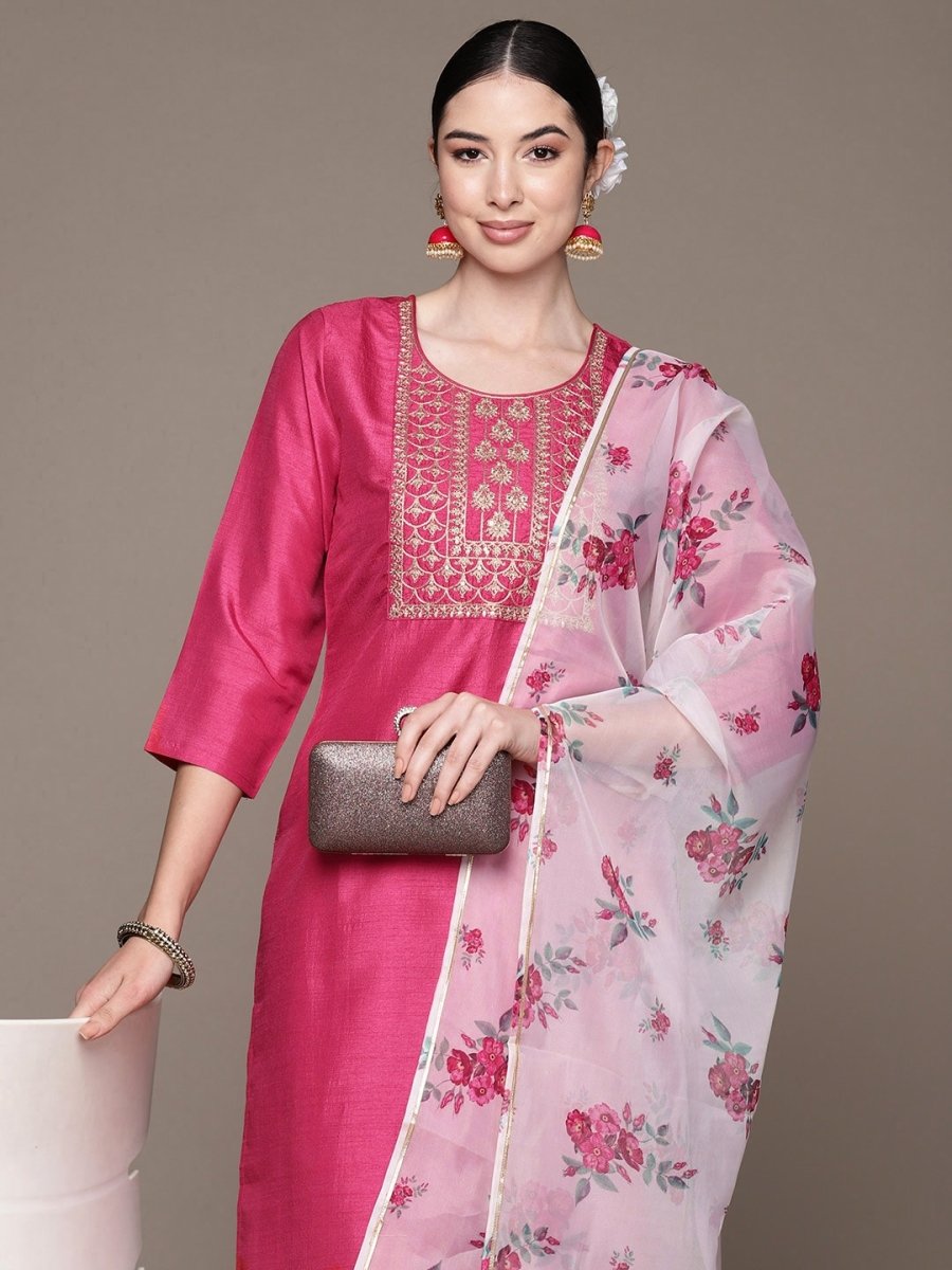 Anubhutee Ethnic Motifs Embroidered Zari Regular Kurta With Trousers & Dupatta - Distacart