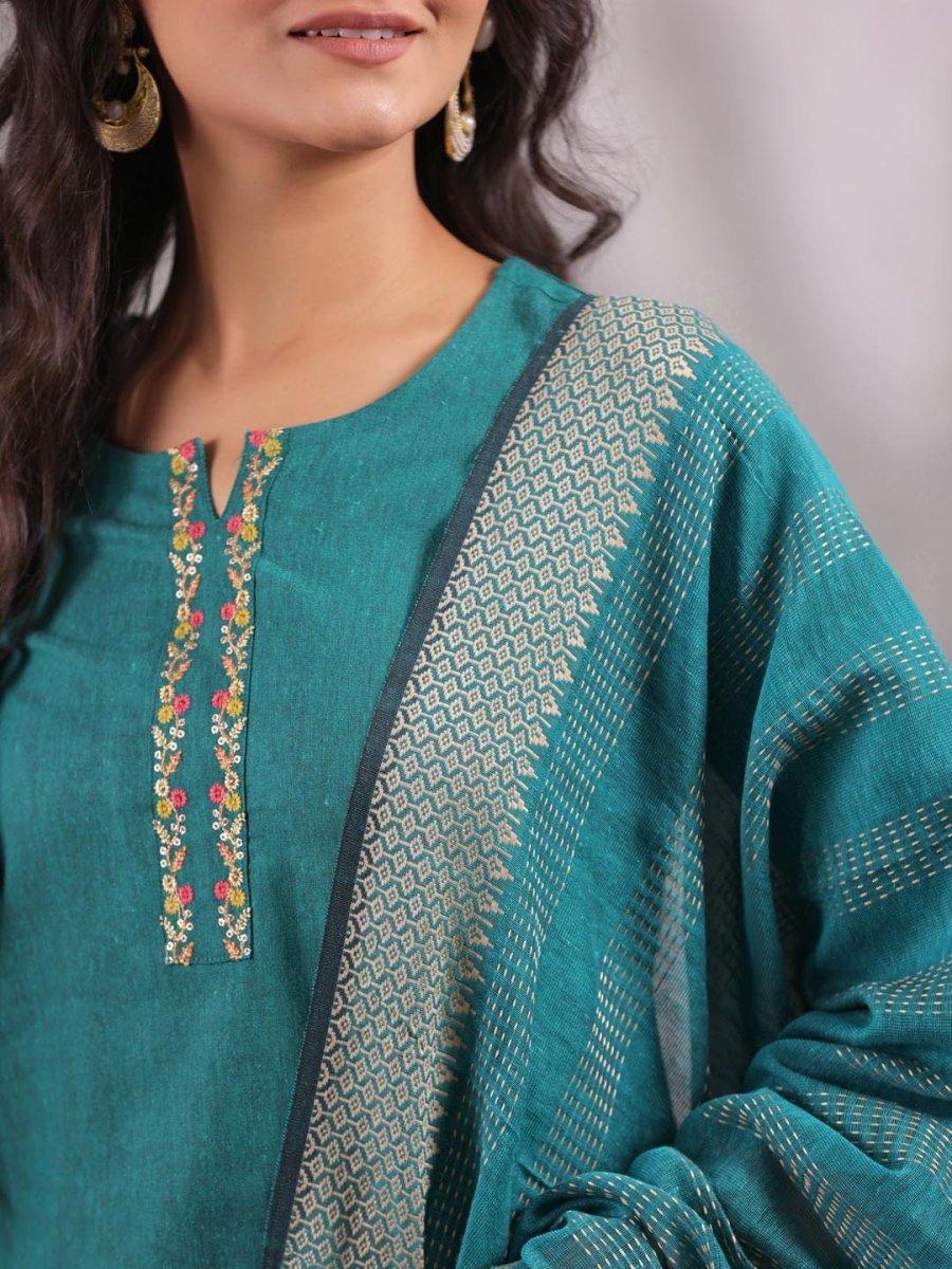 Anubhutee Ethnic Motifs Yoke Design Thread Work Pure Cotton Kurta with Trousers & Dupatta - Distacart