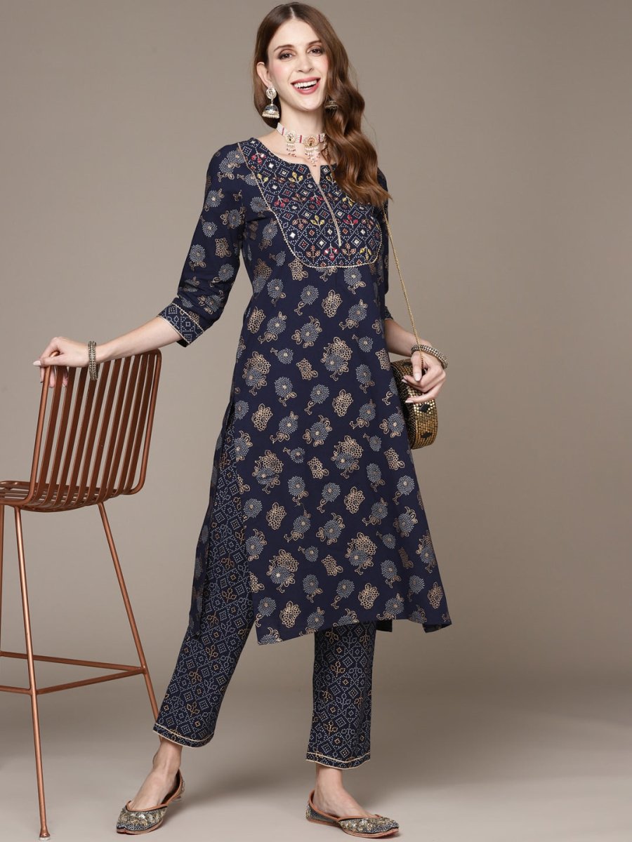 Anubhutee Women Navy Blue Ethnic Motifs Printed Pure Cotton Kurta with Trousers - Distacart