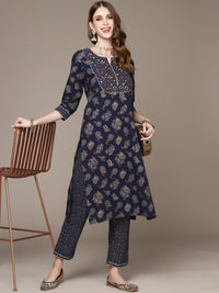 Thumbnail for Anubhutee Women Navy Blue Ethnic Motifs Printed Pure Cotton Kurta with Trousers - Distacart