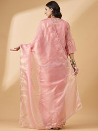 Thumbnail for Peach Chiffon Solid Saree with Stitched Blouse & Stone Work Shrug - Dharavi - Distacart