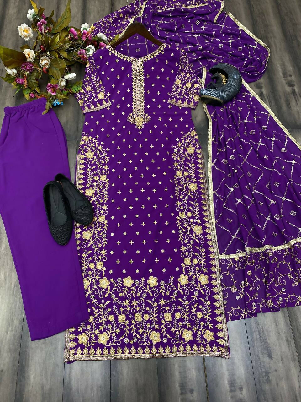 Preksha Creation Women Faux Georgette Sequance Embroidery Work Suit With Stitched Pant And Dupatta - Purple