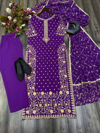 Thumbnail for Preksha Creation Women Faux Georgette Sequance Embroidery Work Suit With Stitched Pant And Dupatta - Purple