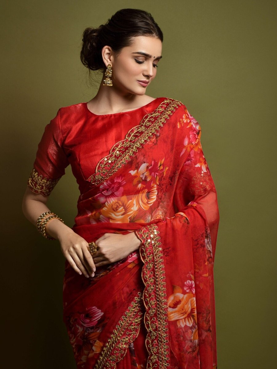 Anouk Red & Yellow Floral Printed & Embroidered Border Pure Georgette Saree - Distacart