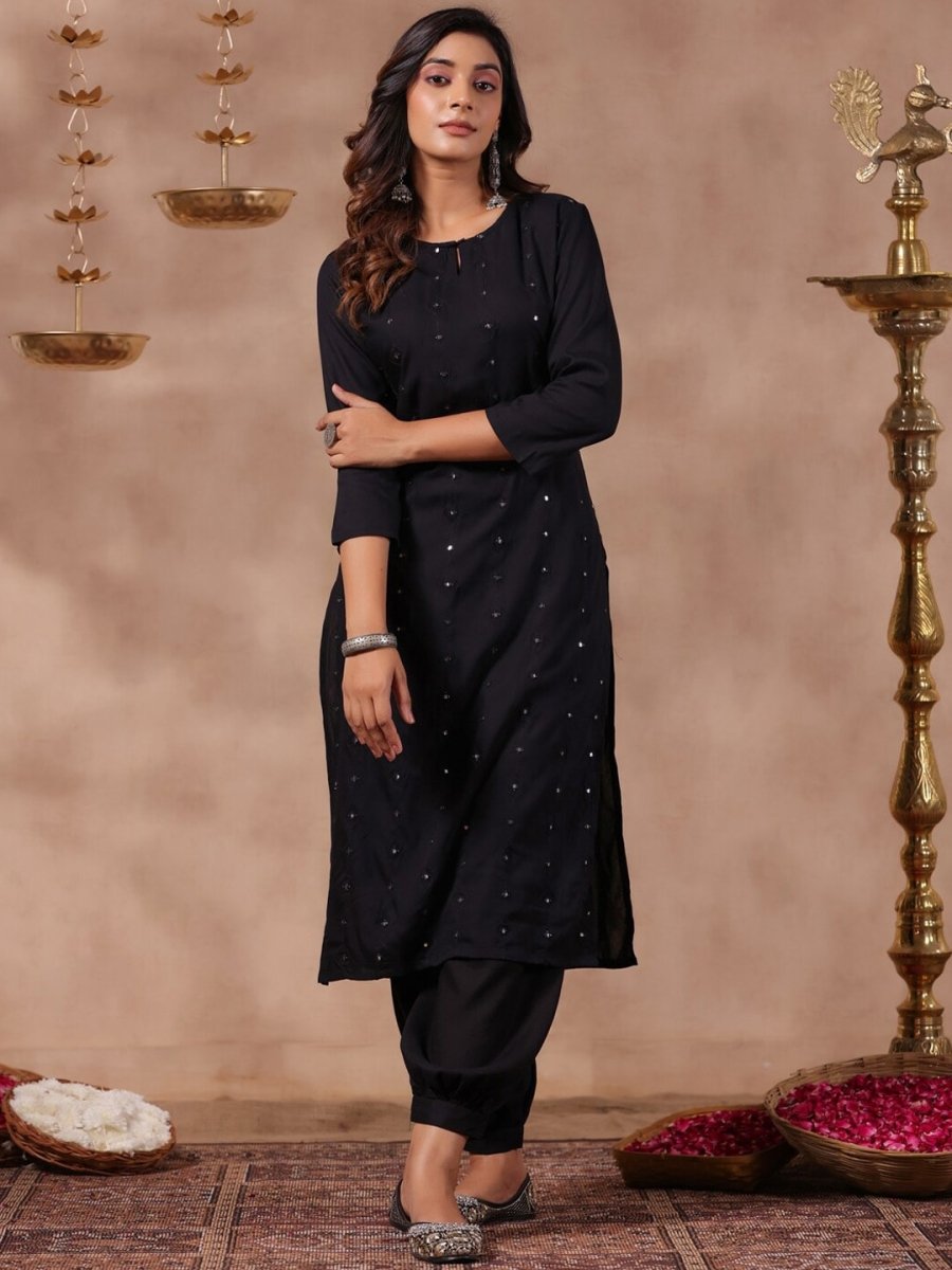 Anubhutee Embroidered Mirror Work Keyhole Neck Straight Regular Kurta - Distacart