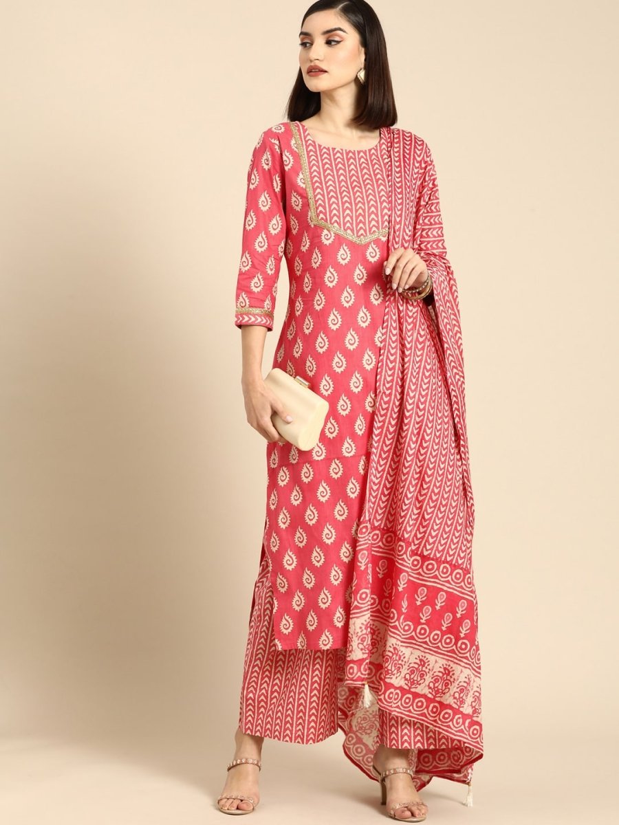 Anouk Women Pink Ethnic Motifs Printed Regular Pure Cotton Kurta with Palazzos & With Dupatta - Distacart