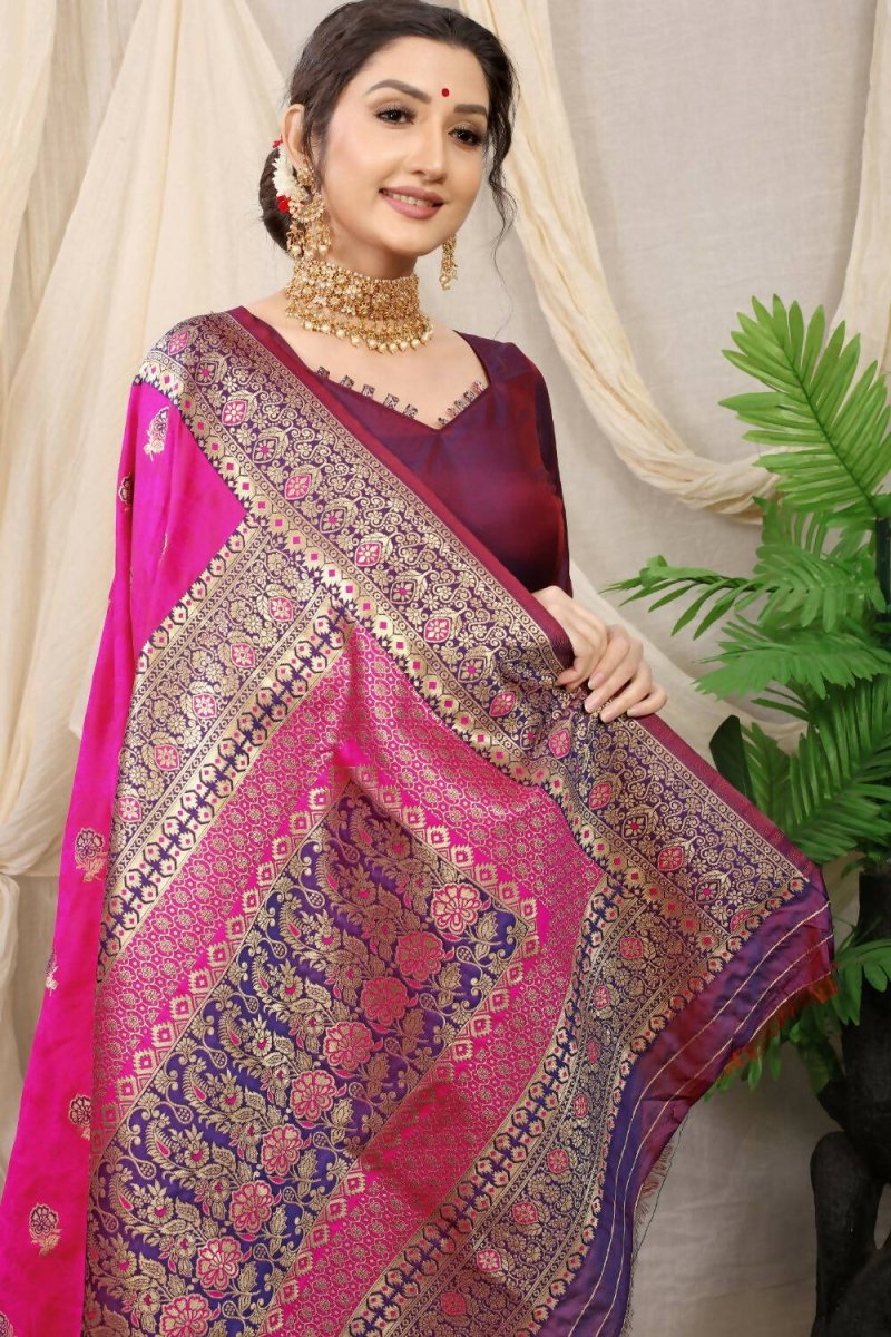 Aastha Fashion Rani Pink Woven Banarasi Silk Saree with Blouse - Distacart