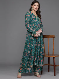 Thumbnail for Ahalyaa Women Floral Printed Angrakha Kurta with Palazzos - Green Color - Distacart