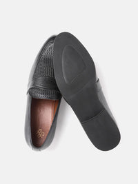 Thumbnail for House of Pataudi Men Black Textured Leather Handcrafted Formal Slip-Ons