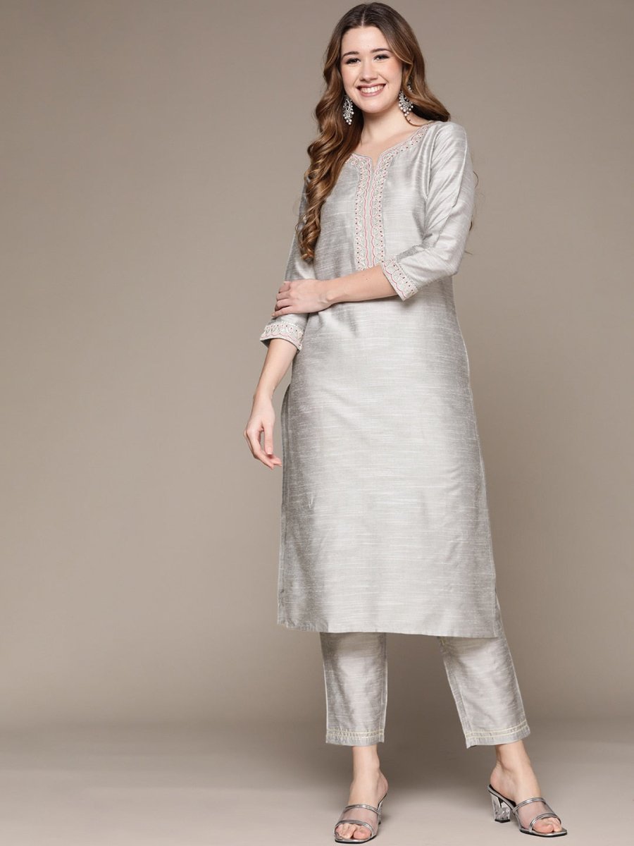 Anubhutee Women Grey Ethnic Motifs Embroidered Kurta with Trousers - Distacart