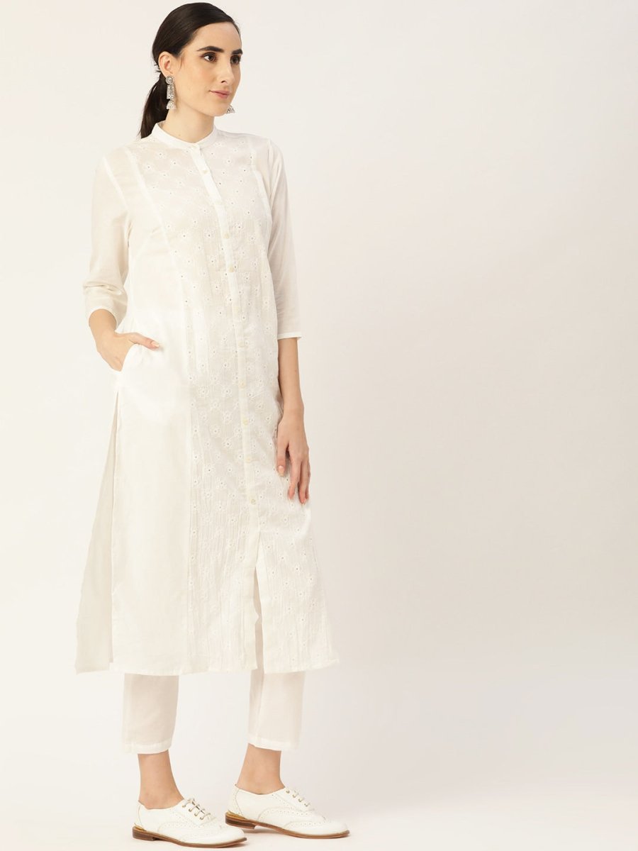 Anouk Women White Ethnic Motifs Embroidered Panelled Pure Cotton Kurta with Trousers - Distacart