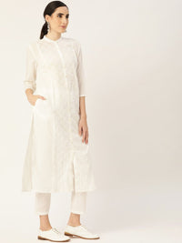 Thumbnail for Anouk Women White Ethnic Motifs Embroidered Panelled Pure Cotton Kurta with Trousers - Distacart