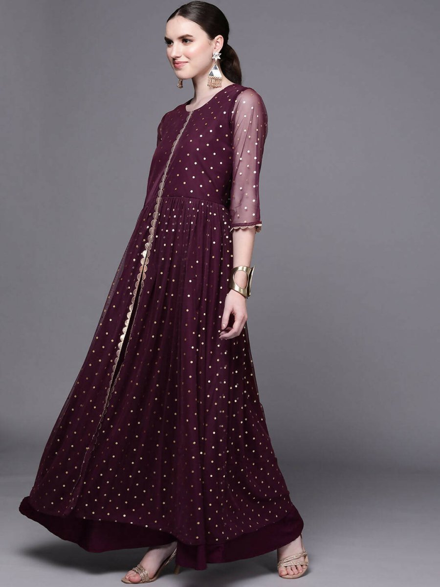 Ahalyaa Women Burgundy Polka Dots Fit & Flare Maxi Ethnic Dress - Distacart