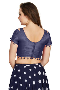 Thumbnail for Aastha Fashion Women's Navy Blue Art Silk Pom Pom Lace Readymade Blouse - Distacart