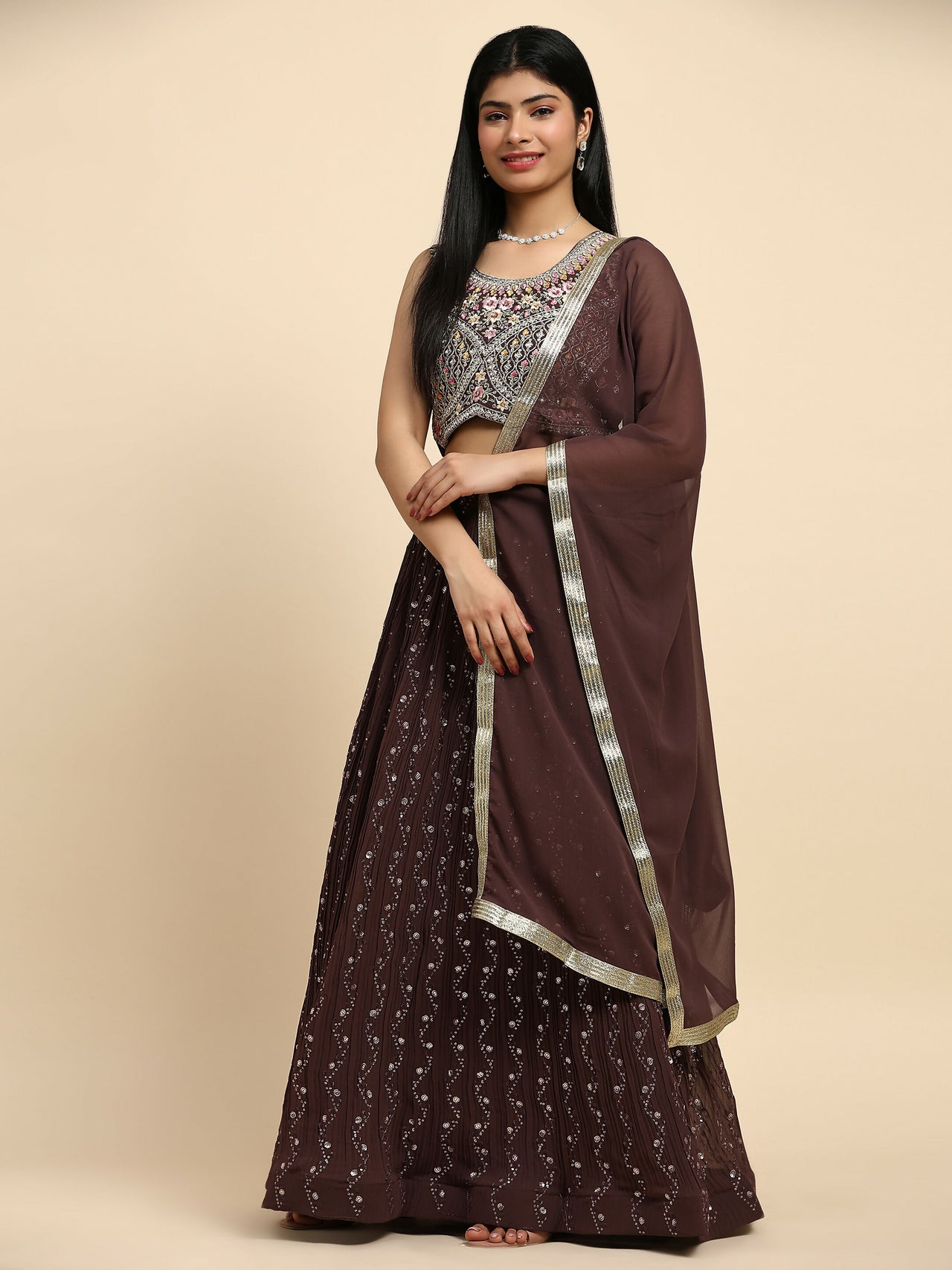 Brown Georgette Embroidered Lehenga choli with Dupatta - Dhara - Distacart