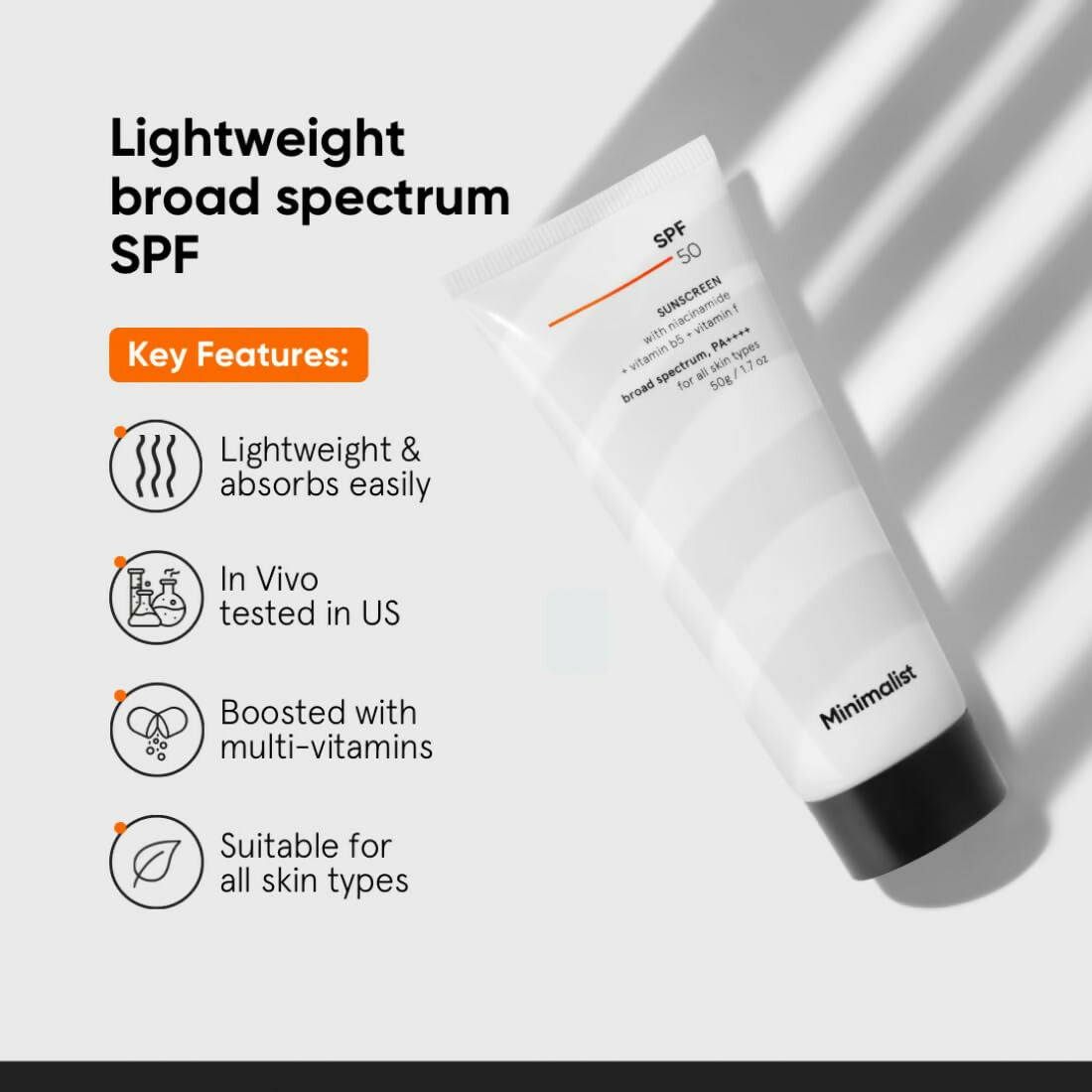 Minimalist Sunscreen SPF 50 PA++++ With Multi-Vitamin For Reducing Photoaging & No White Cast